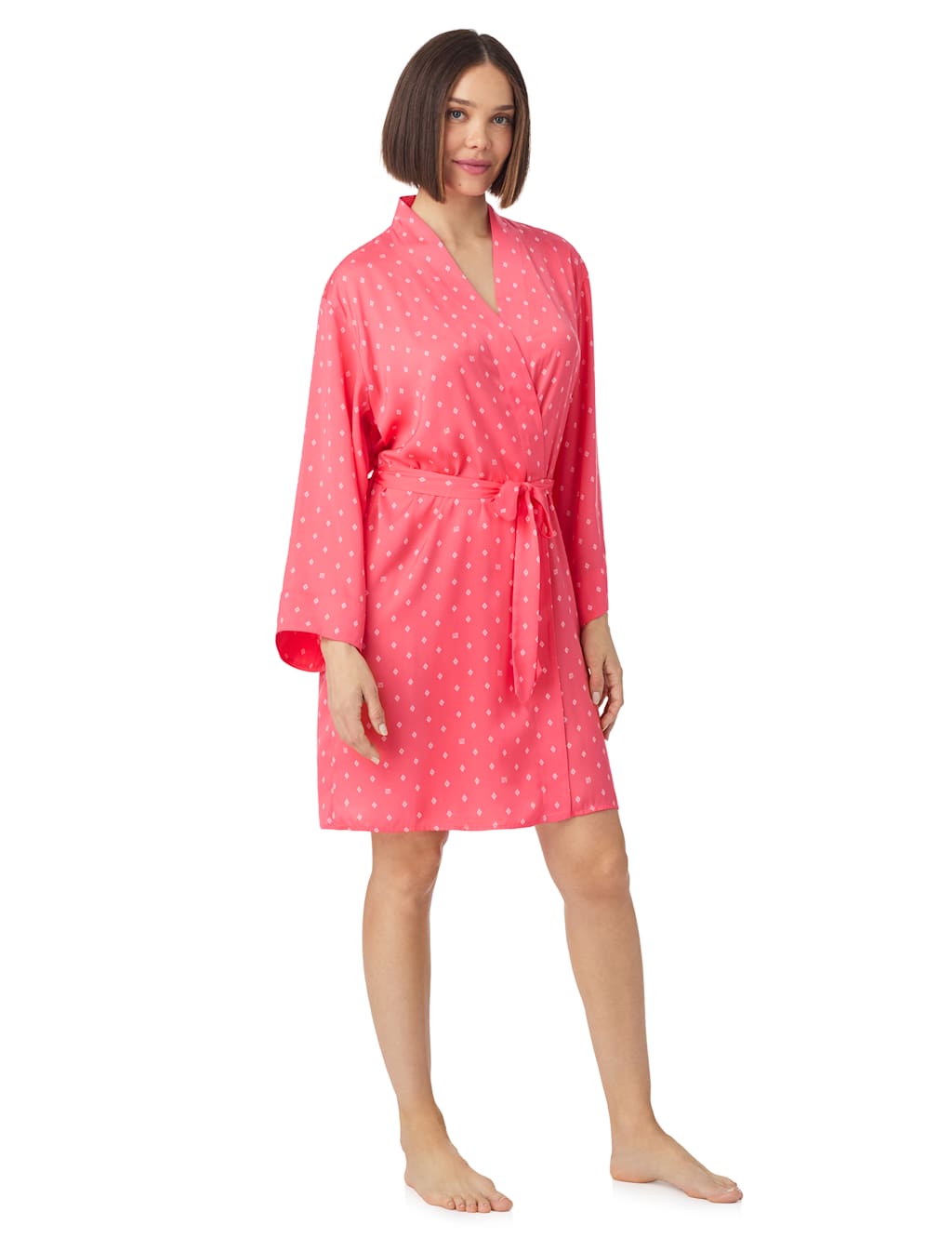 Satin Geometric Tie Short Kimono Robe 3 of 4