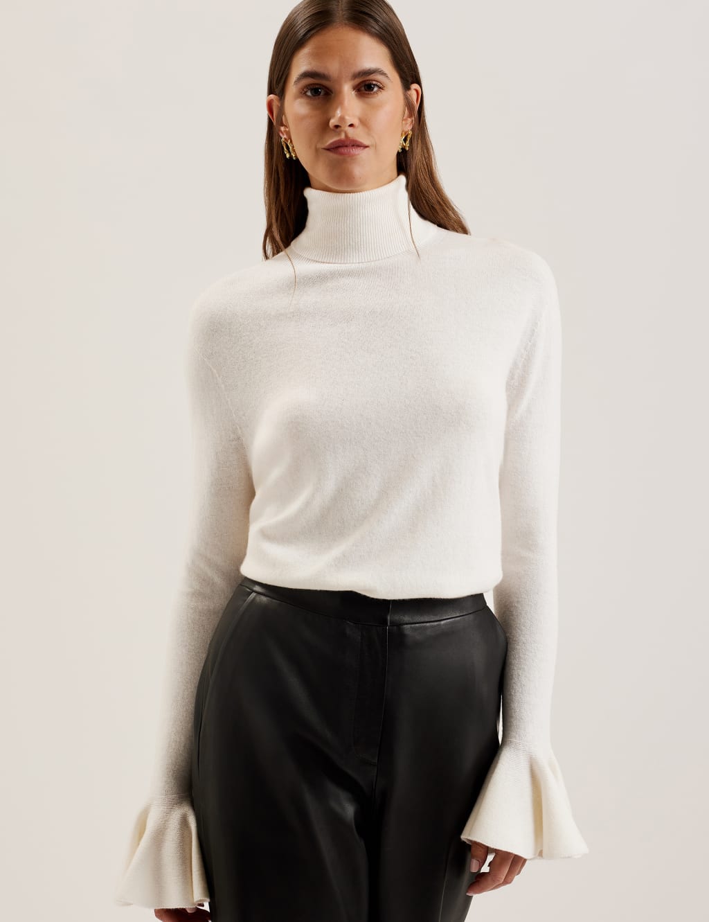 Ribbed Roll Neck Fluted Sleeve Jumper with Cashmere