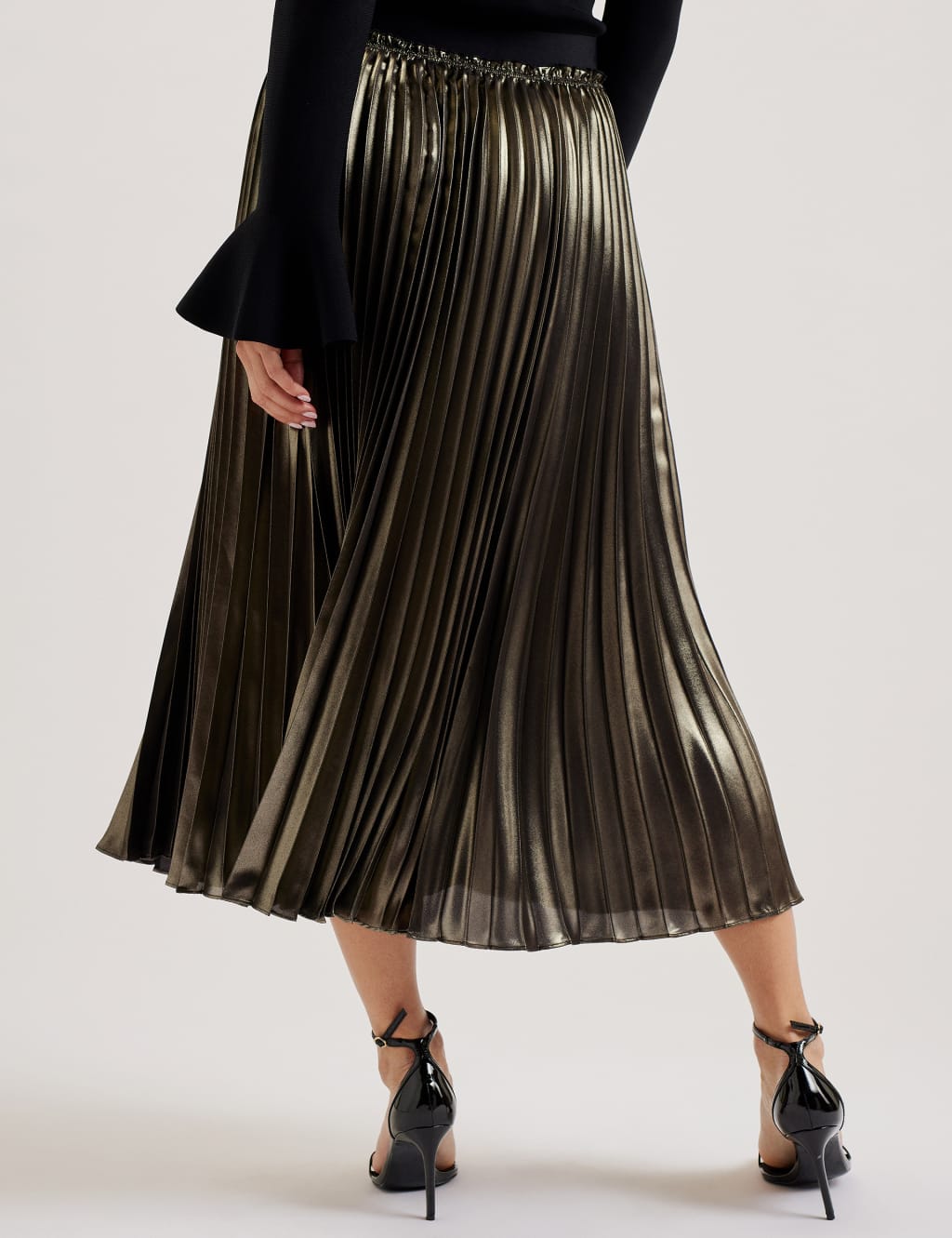 Metallic Pleated Midi Skirt