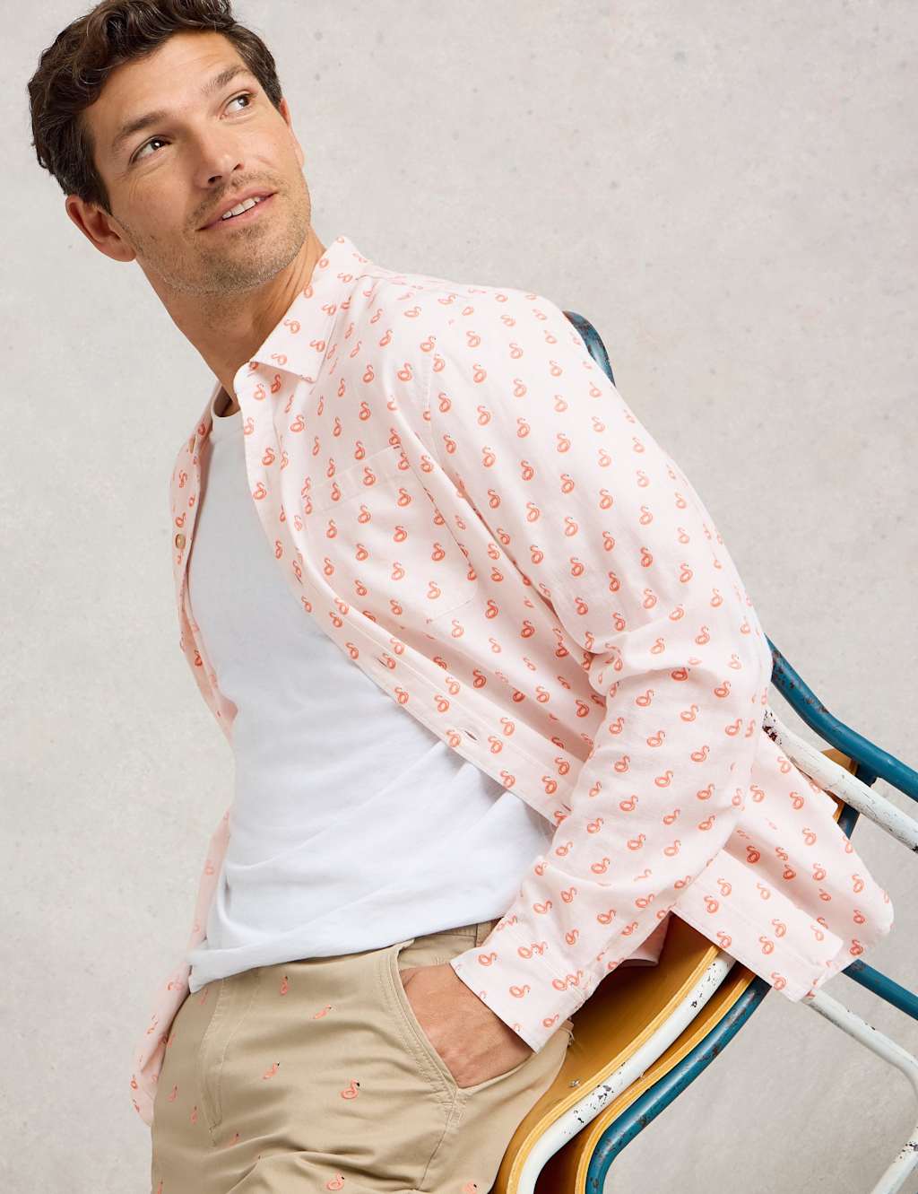Cotton Linen Blend Flamingo Print Shirt 3 of 6