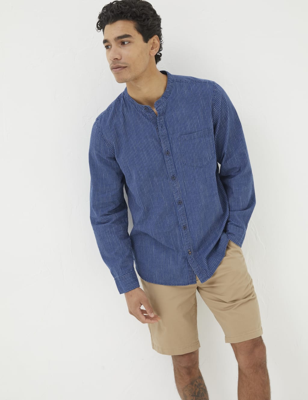 Pure Cotton Striped Grandad Collar Shirt 1 of 5