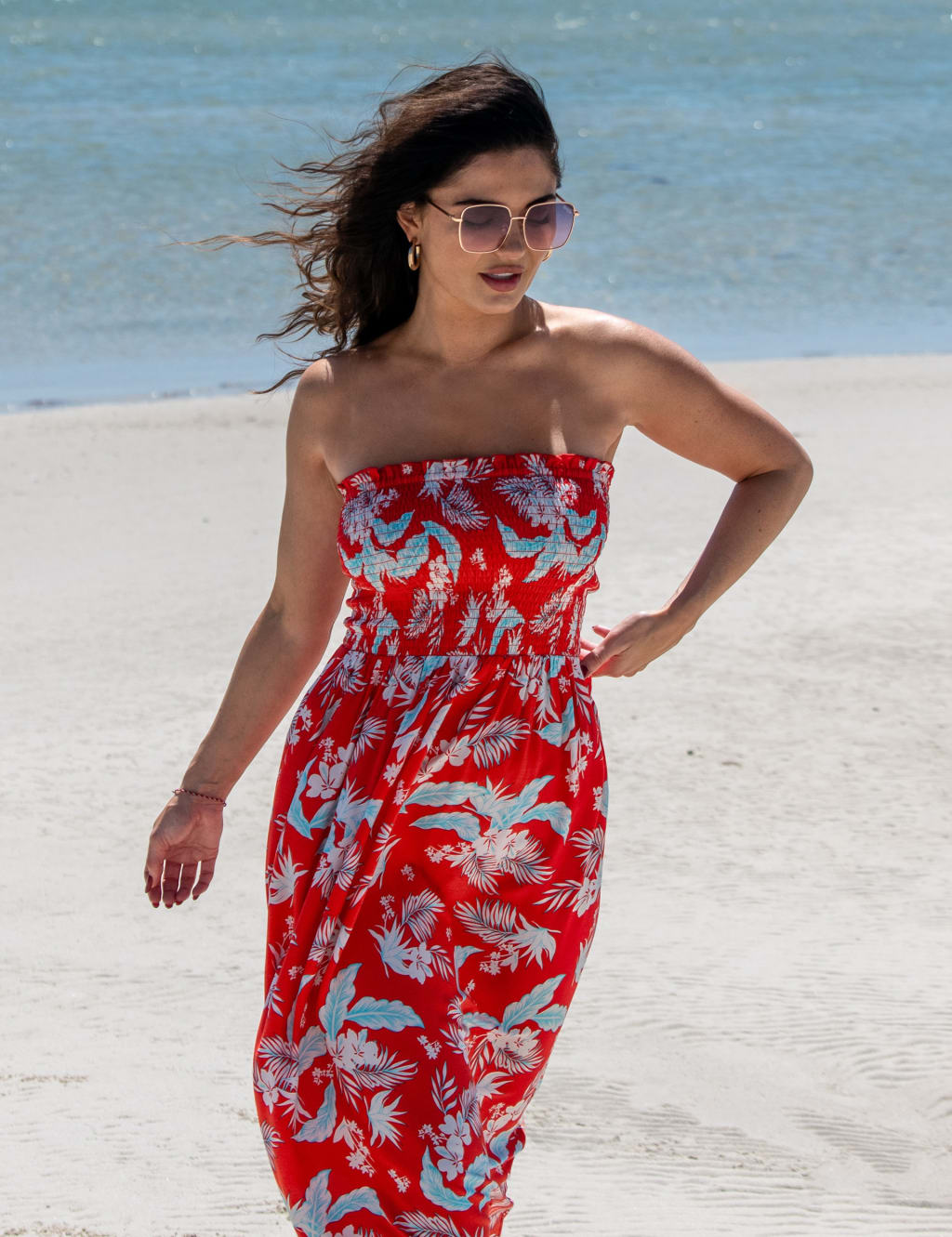 Printed Shirred Bandeau Maxi Beach Dress