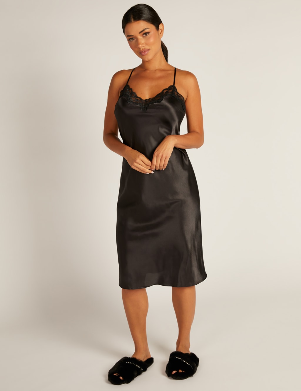 Amelia Satin Lace Trim Midi Chemise Boux Avenue M S