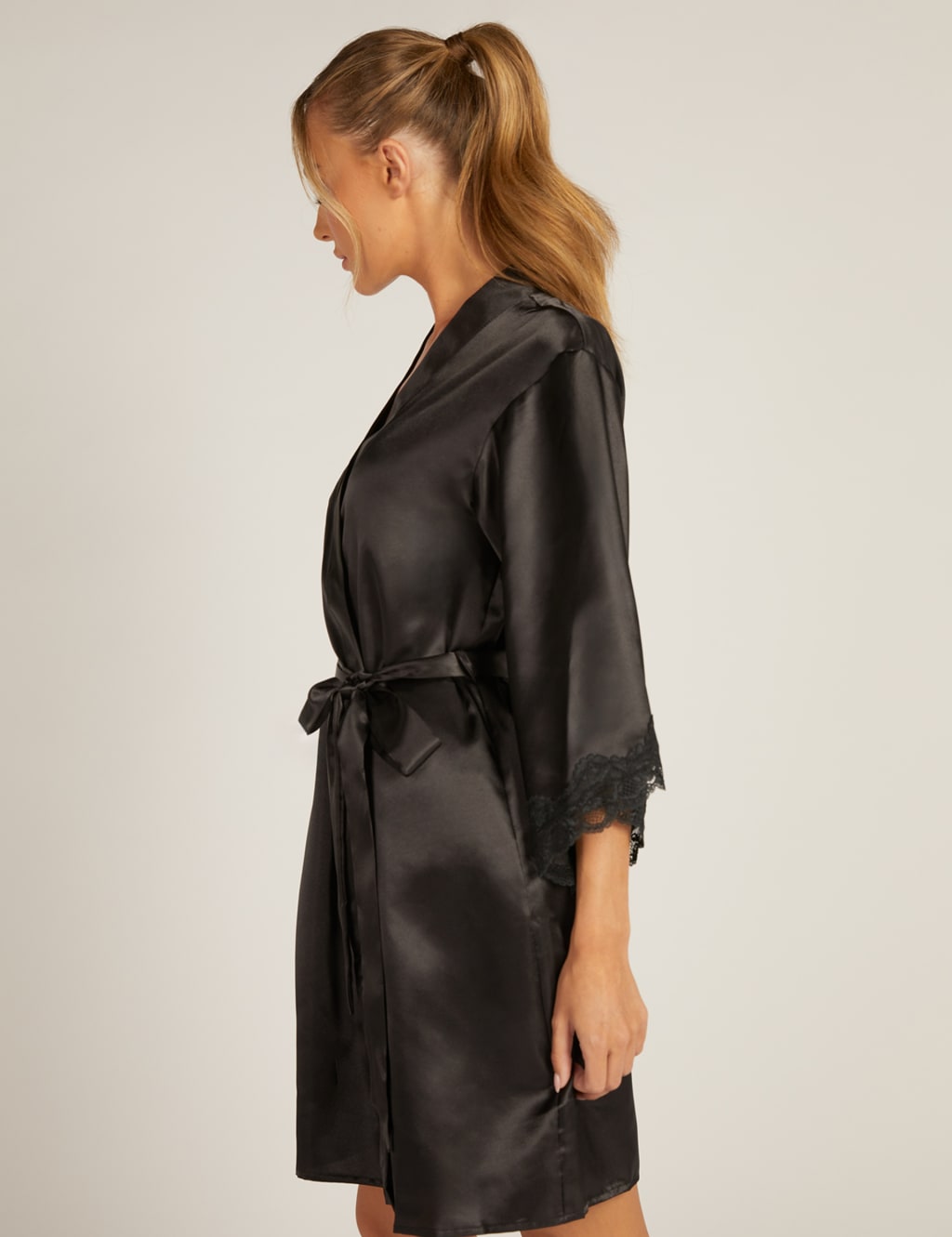 Amelia Satin Lace Trim Short Robe Boux Avenue M S