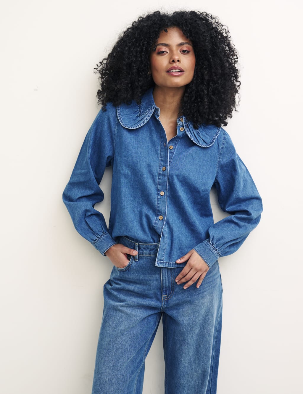 Denim Collared Blouson Sleeve Blouse 1 of 5
