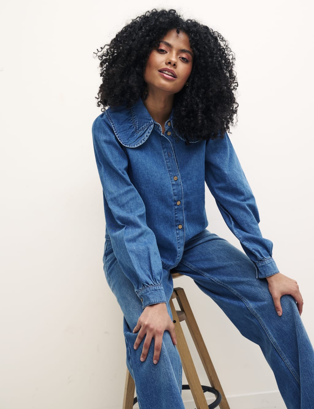 Denim Collared Blouson Sleeve Blouse 3 of 5