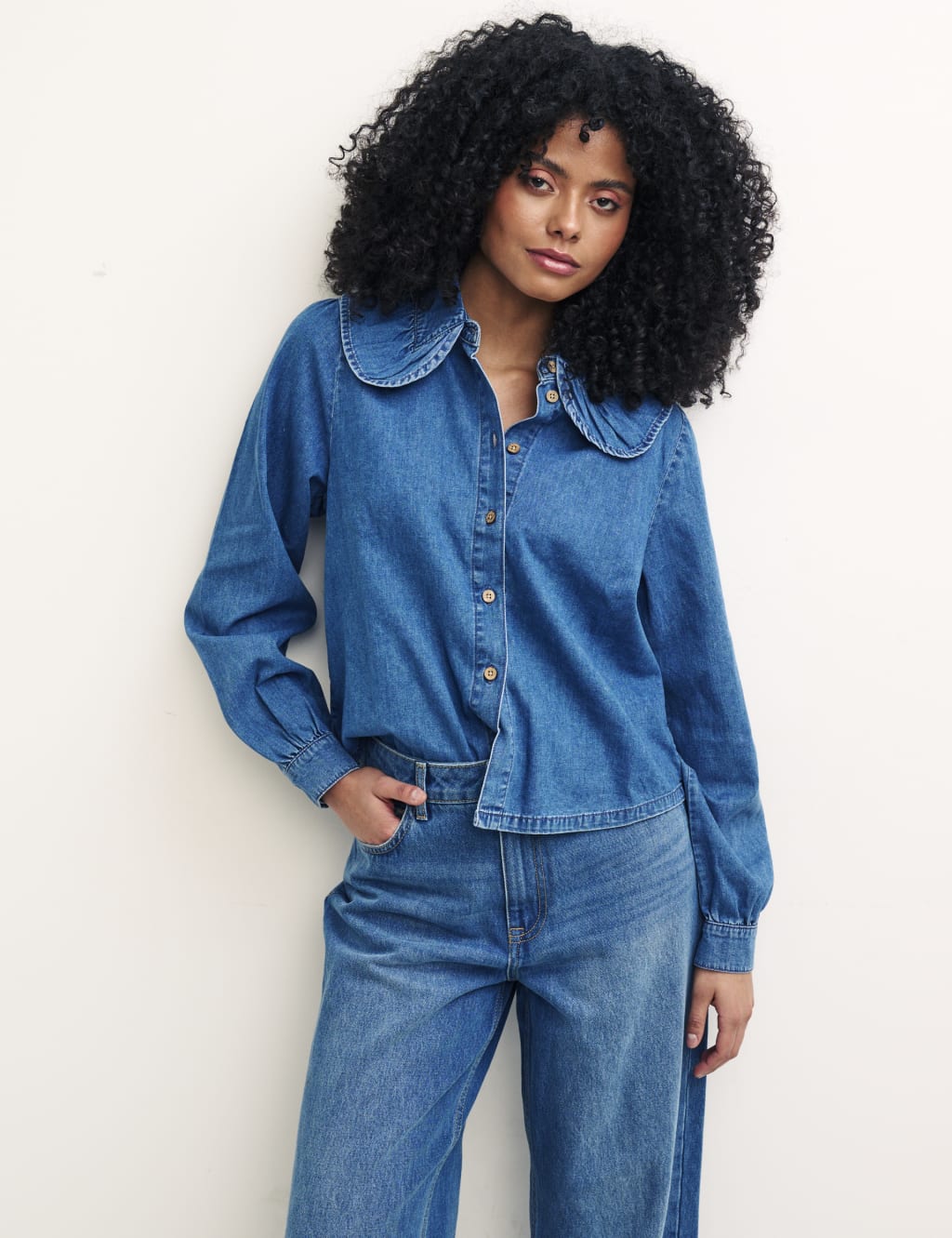 Denim Collared Blouson Sleeve Blouse 5 of 5