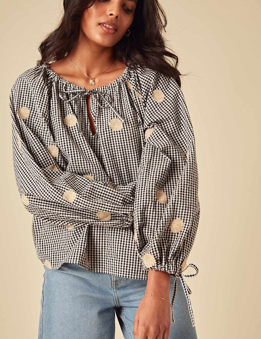 Gingham Tie Neck Smocked Blouse 4 of 4