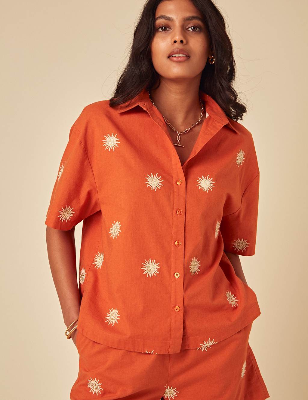 Linen Blend Embroidered Collared Relaxed Shirt 2 of 4