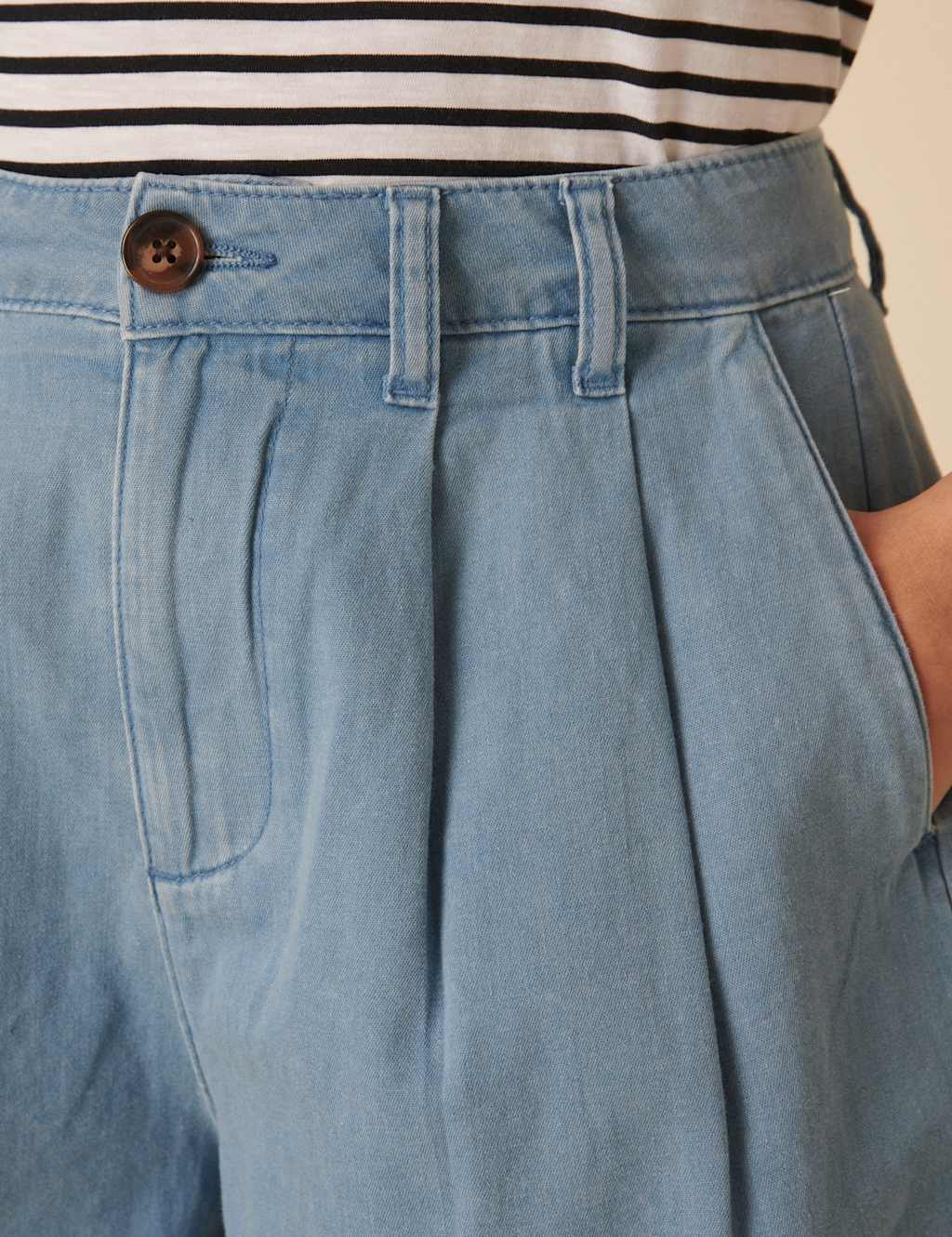 Denim High Waist Pleat Front Shorts 2 of 4