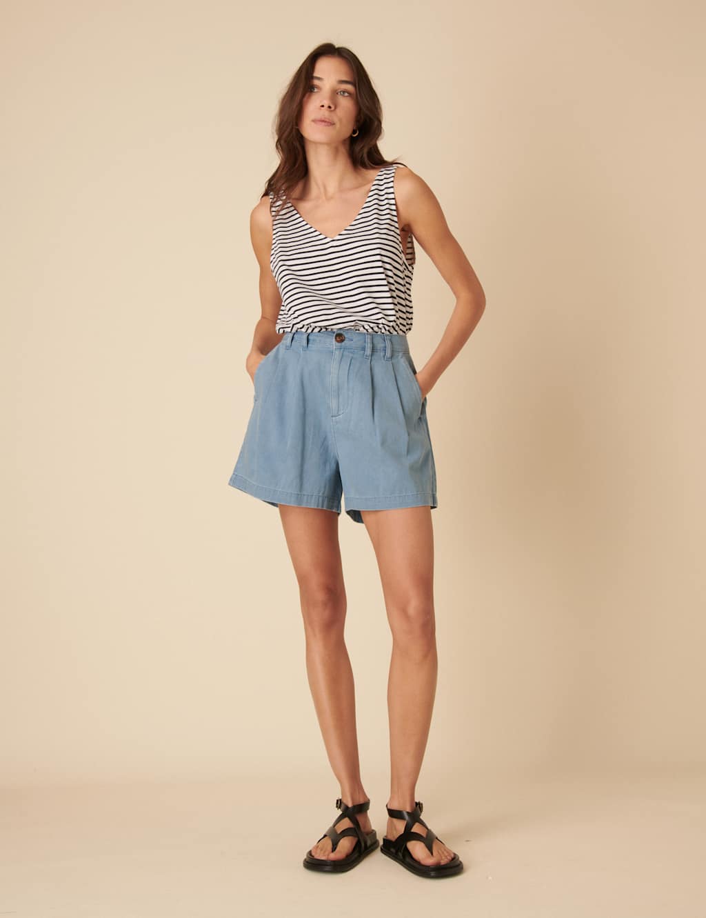Denim High Waist Pleat Front Shorts 4 of 4