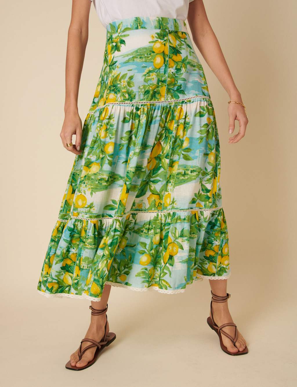 Lemon Print Tiered Maxi Skirt with Linen 2 of 5