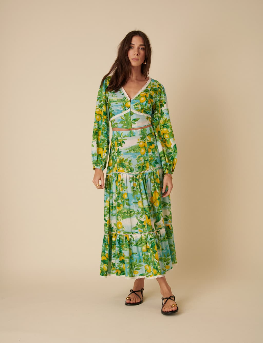 Lemon Print Tiered Maxi Skirt with Linen 5 of 5