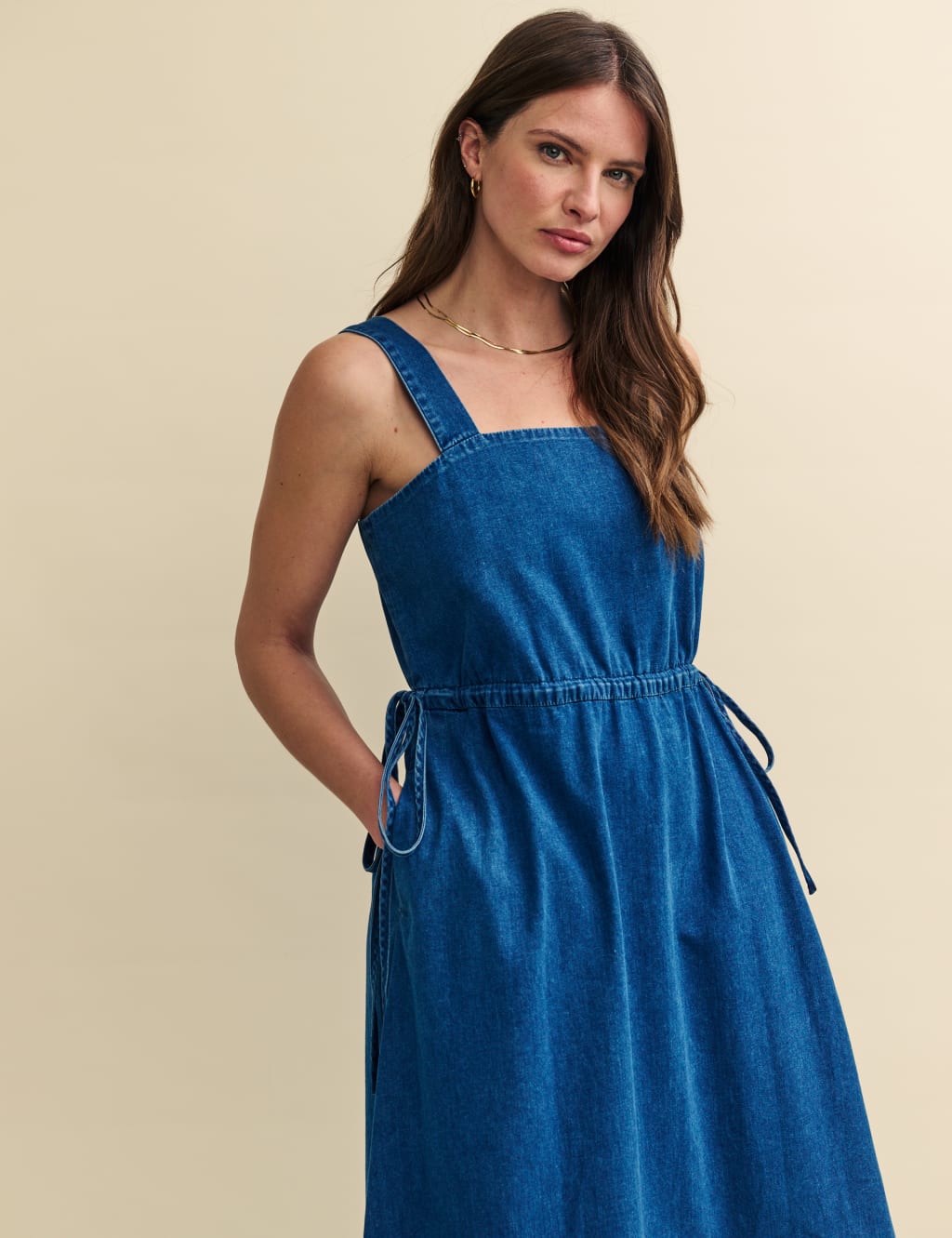 ADORA Smocked Back Square Neck Denim Dress