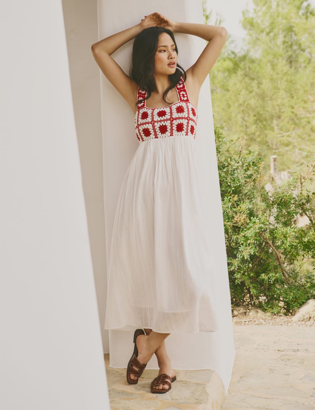Pure Cotton Crochet Square Neck Midi Dress