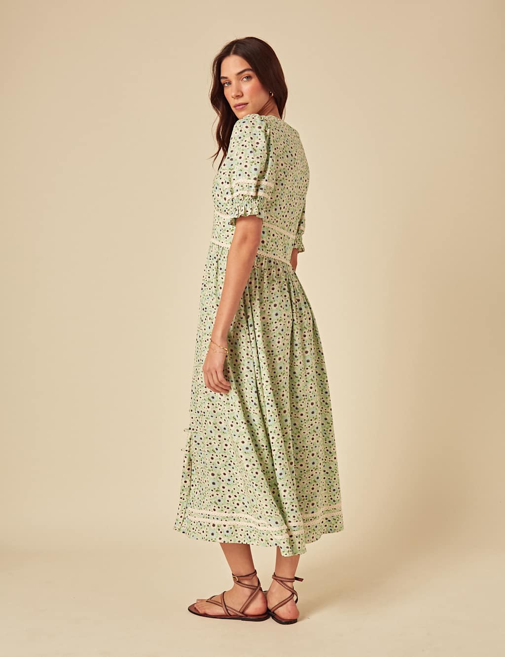 Ditsy Floral V-Neck Midi Waisted Dress 2 of 4