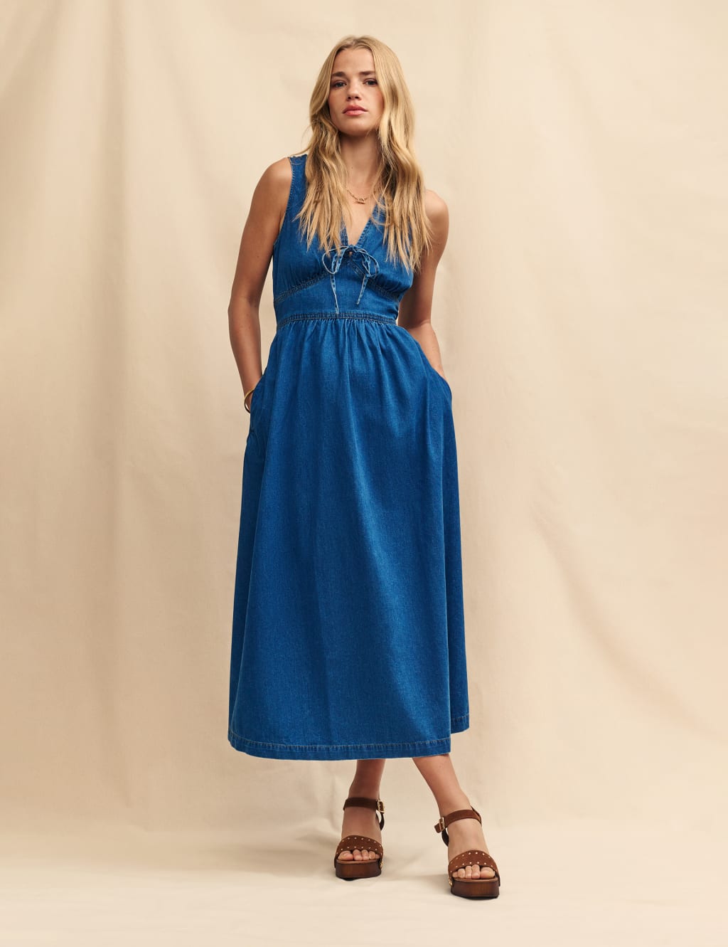 Denim V Neck Tie Detail Midaxi Tea Dress
