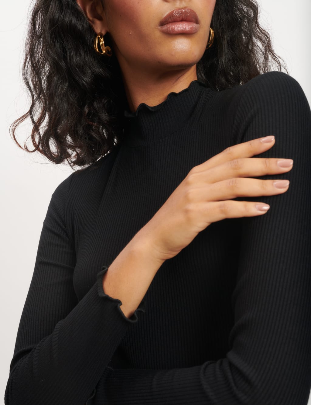 Jersey Ribbed Funnel Neck Frill Detail Top 3 of 4