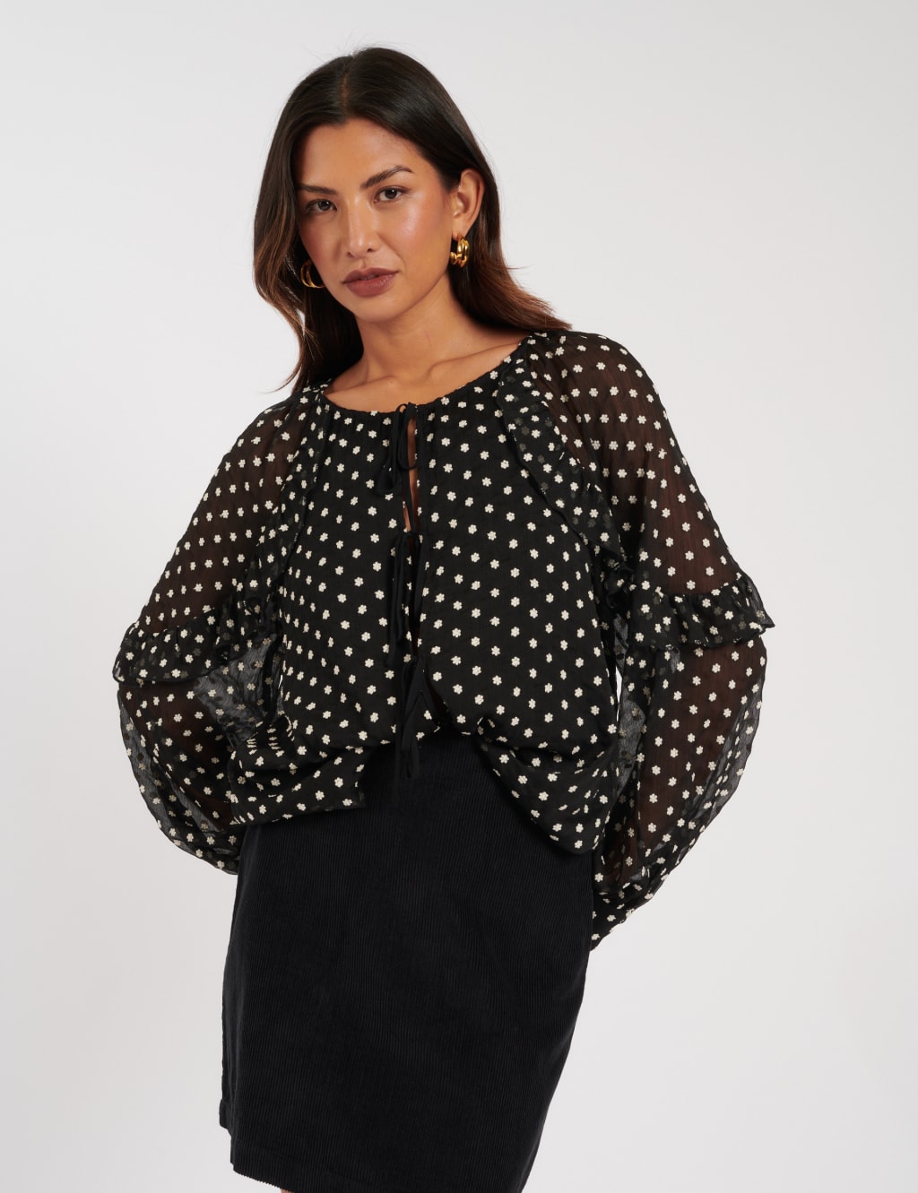 Polka dot skirt floral blouse sales