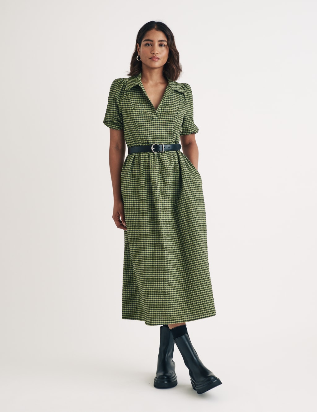 Cotton Rich Checked Midaxi Waisted Dress