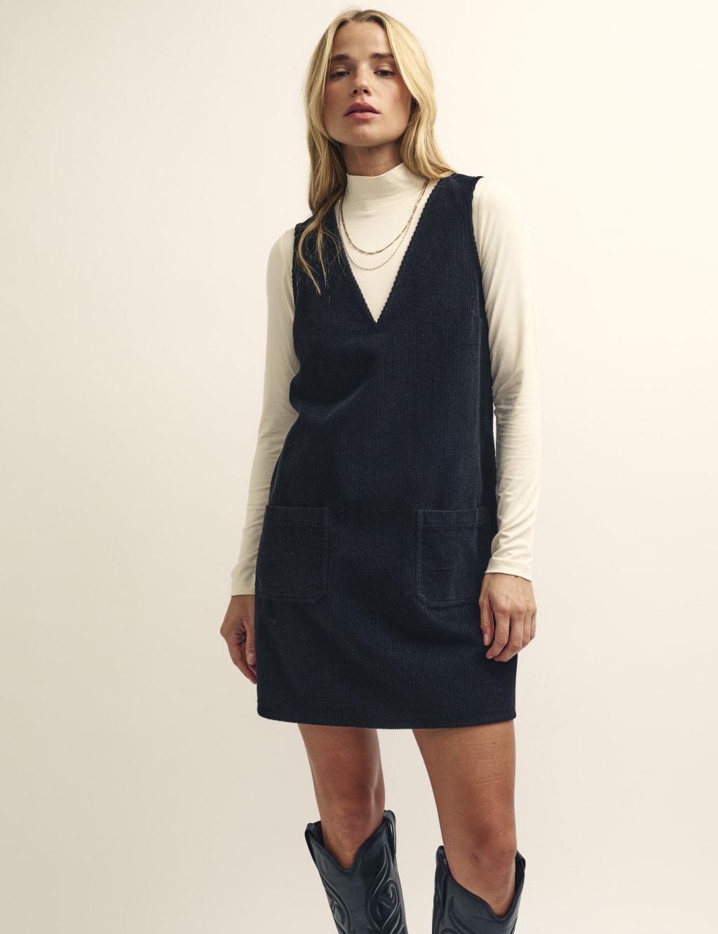Cord V Neck Mini Pinafore Dress