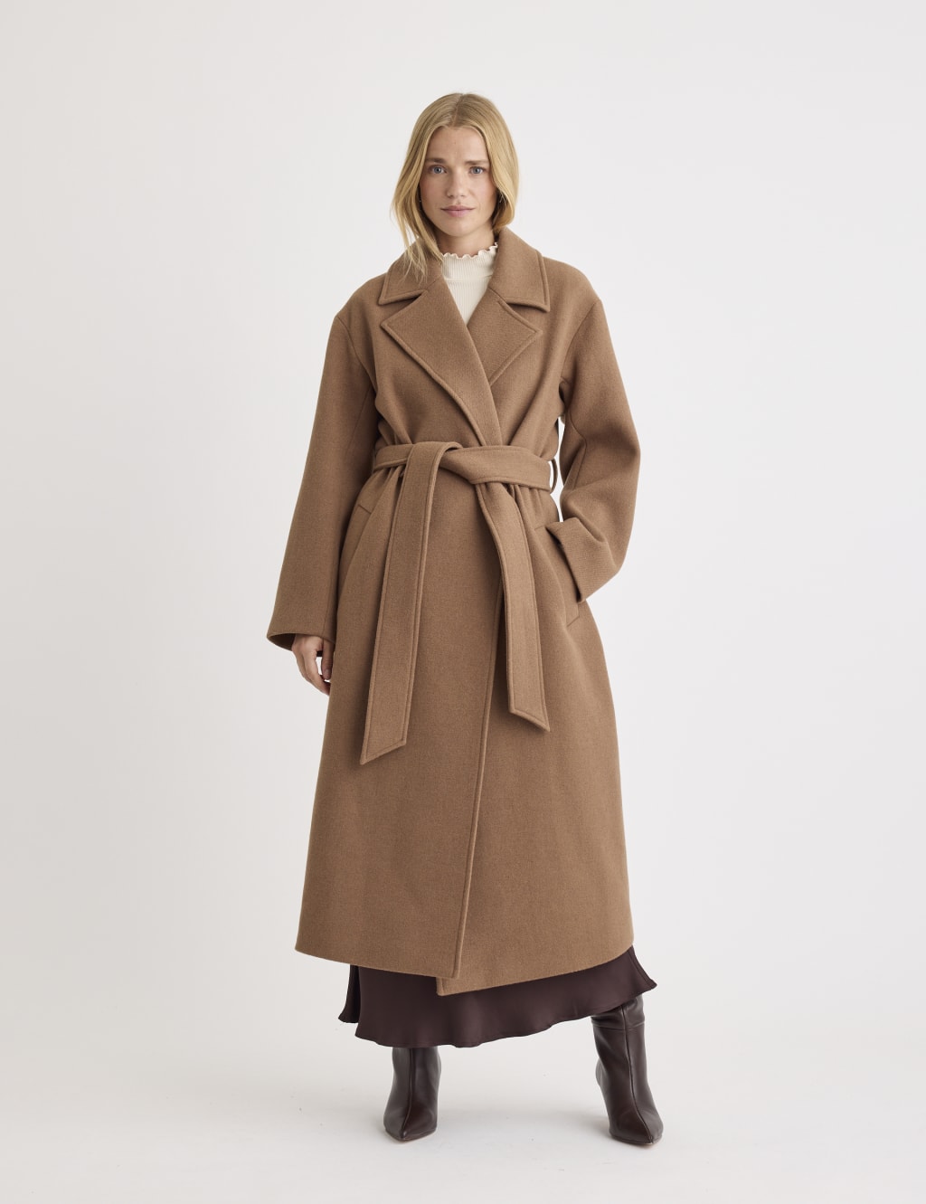 Wool blend belted coat top