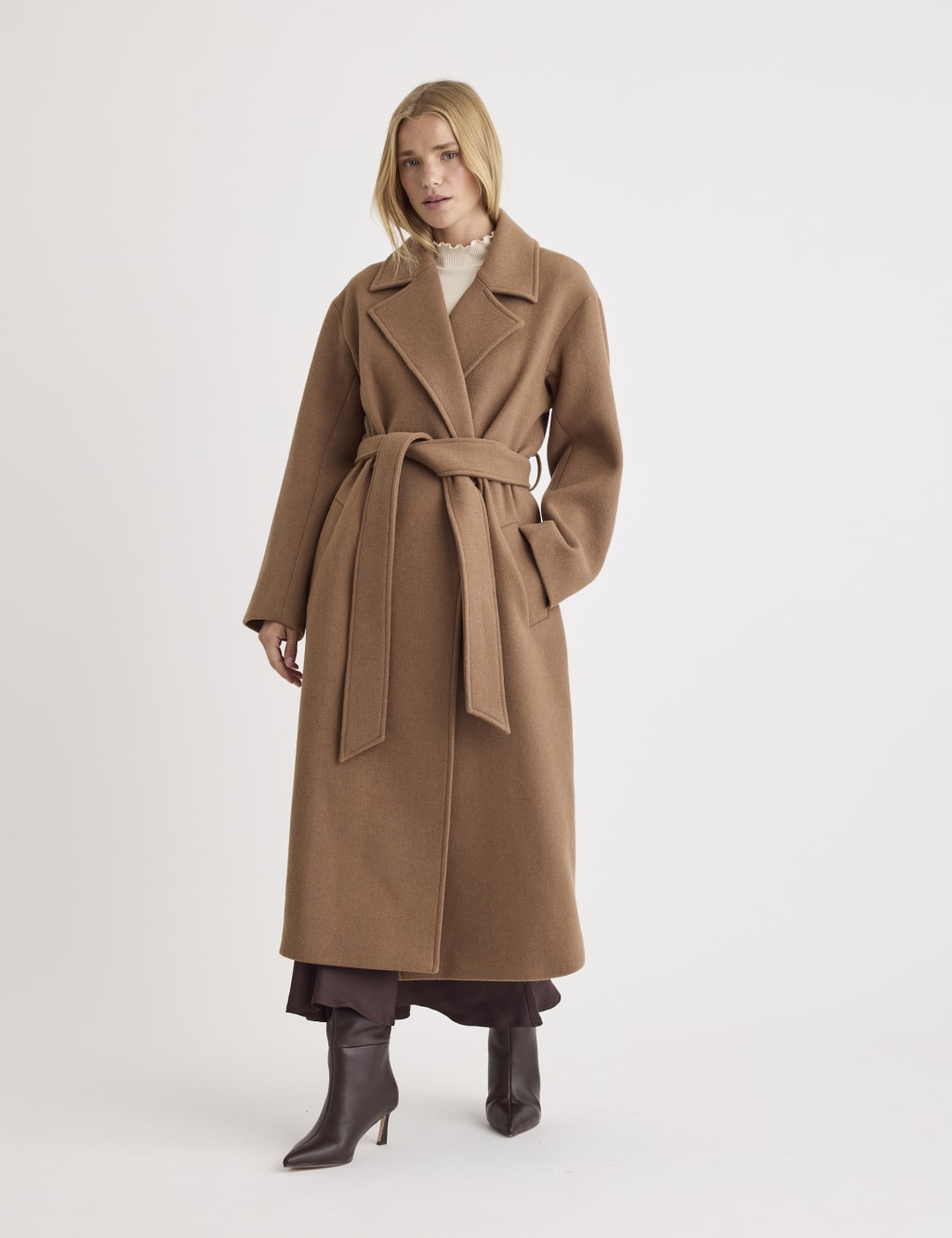 Wool Blend Belted Longline Tailored Coat