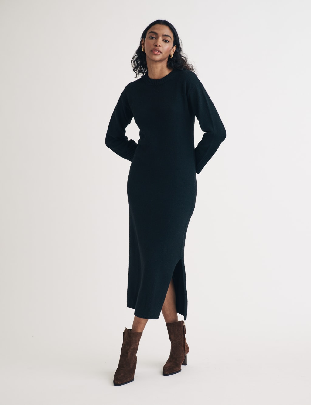 Cotton Rich Knitted Crew Neck Midi Jumper Dress