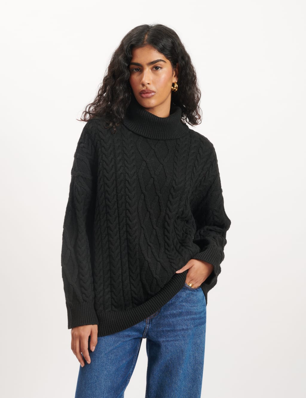 Cotton Rich Cable Knit Roll Neck Jumper