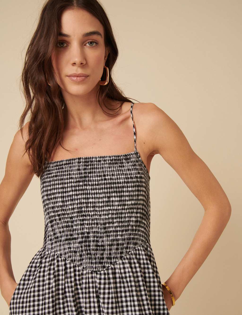 Pure Cotton Gingham Square Neck Strappy Midi Shirred Dress 3 of 4