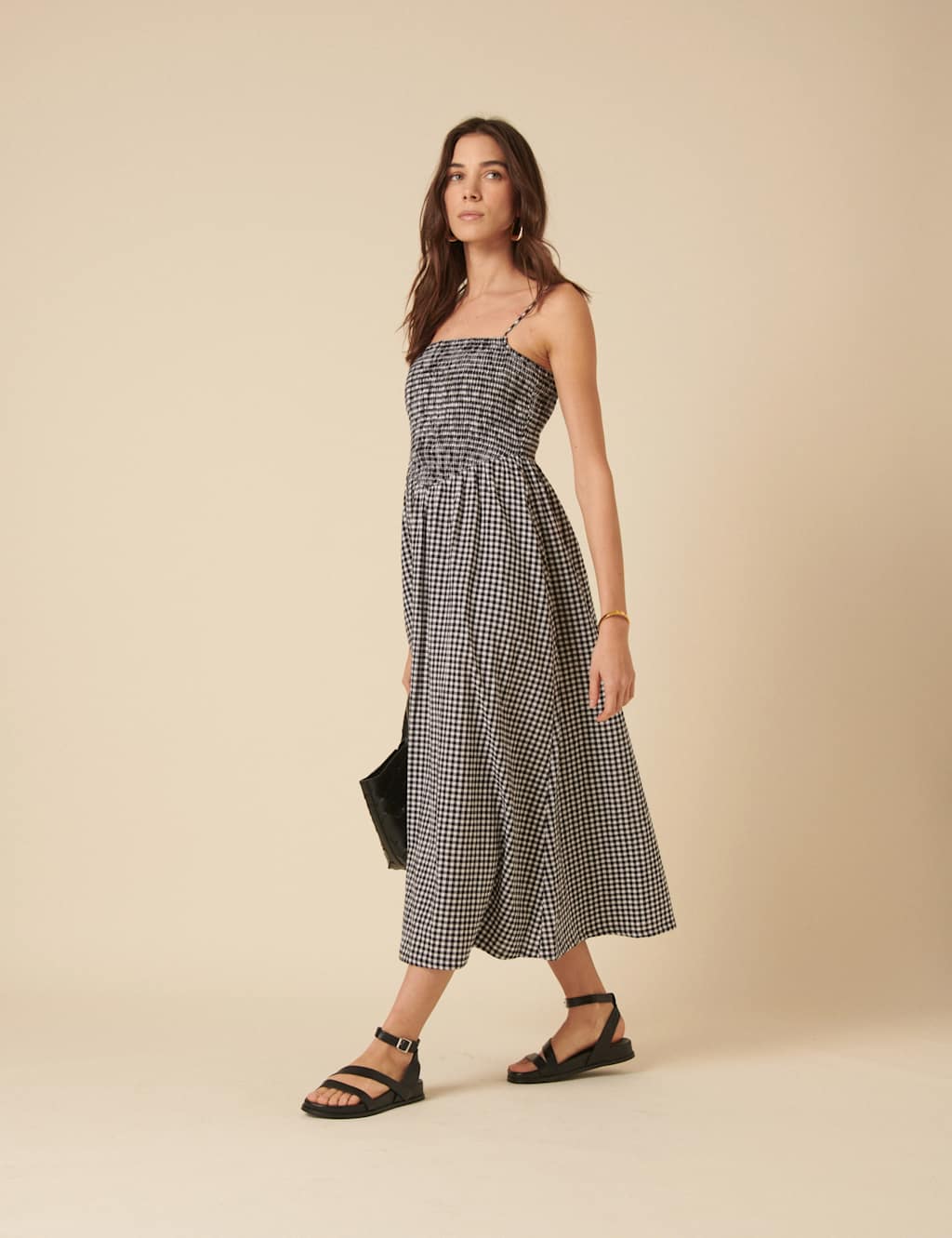Pure Cotton Gingham Square Neck Strappy Midi Shirred Dress 4 of 4