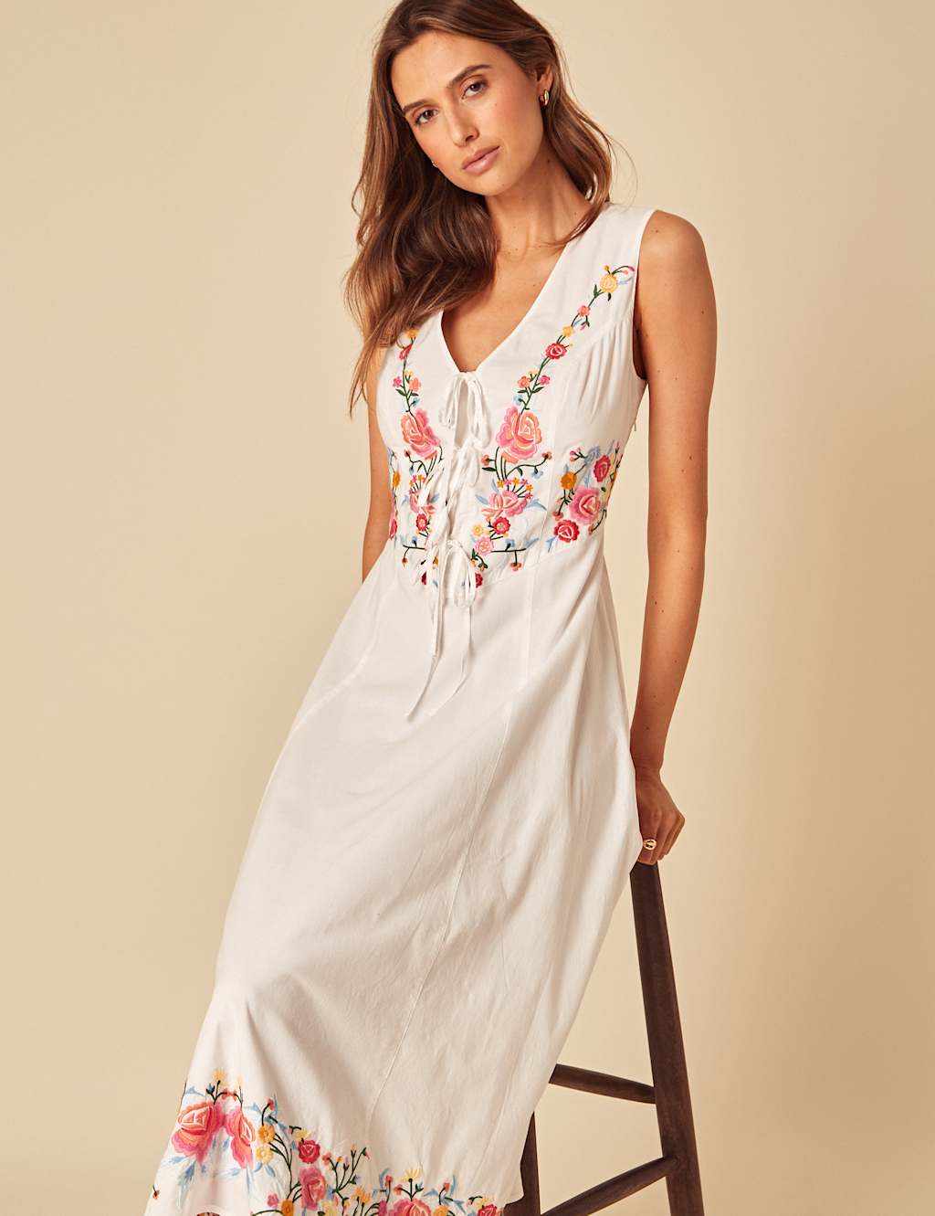 Pure Cotton Embroidered Waisted Midaxi Dress 4 of 4