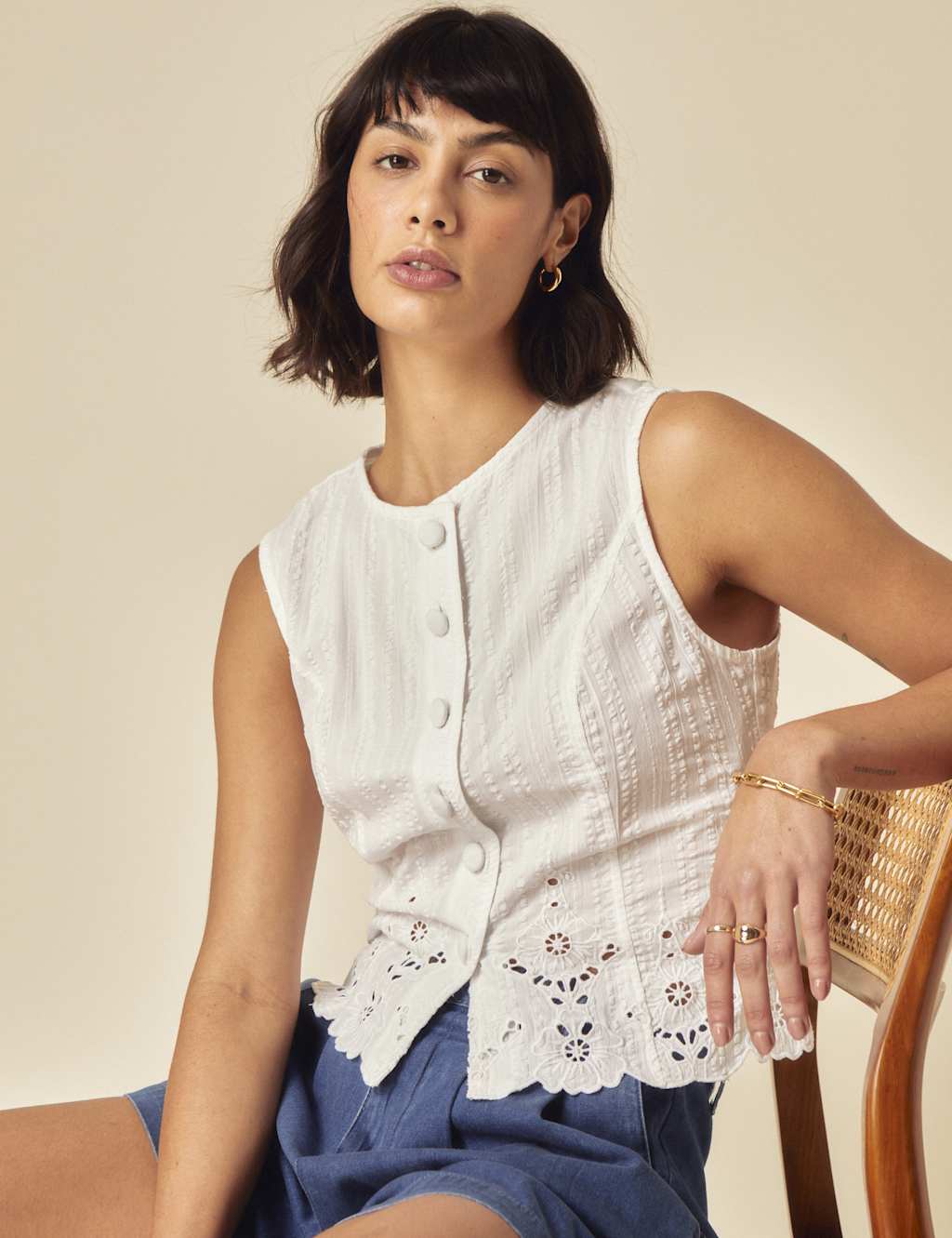 Pure Cotton Broderie Button Through Vest Top 5 of 5