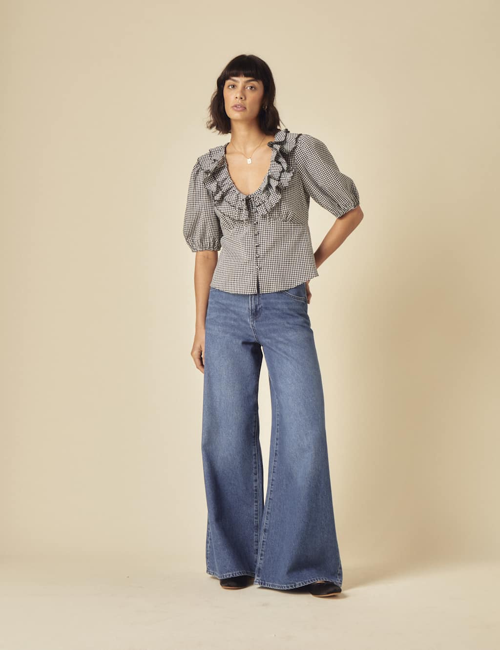 Pure Cotton Gingham V-Neck Ruffle Puff Sleeve Blouse 2 of 5