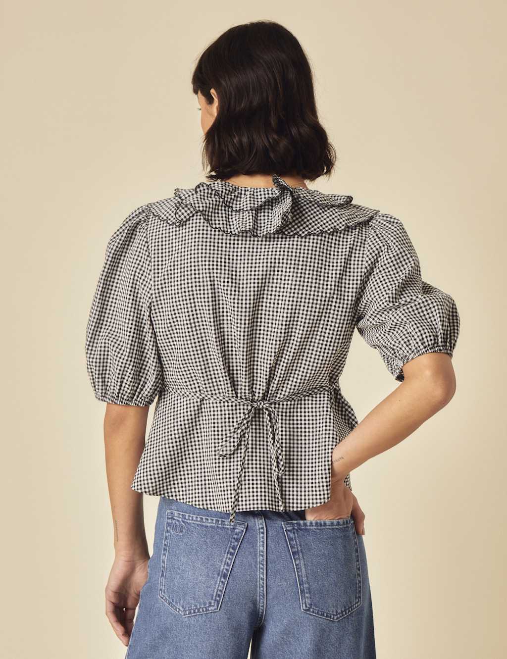 Pure Cotton Gingham V-Neck Ruffle Puff Sleeve Blouse 3 of 5