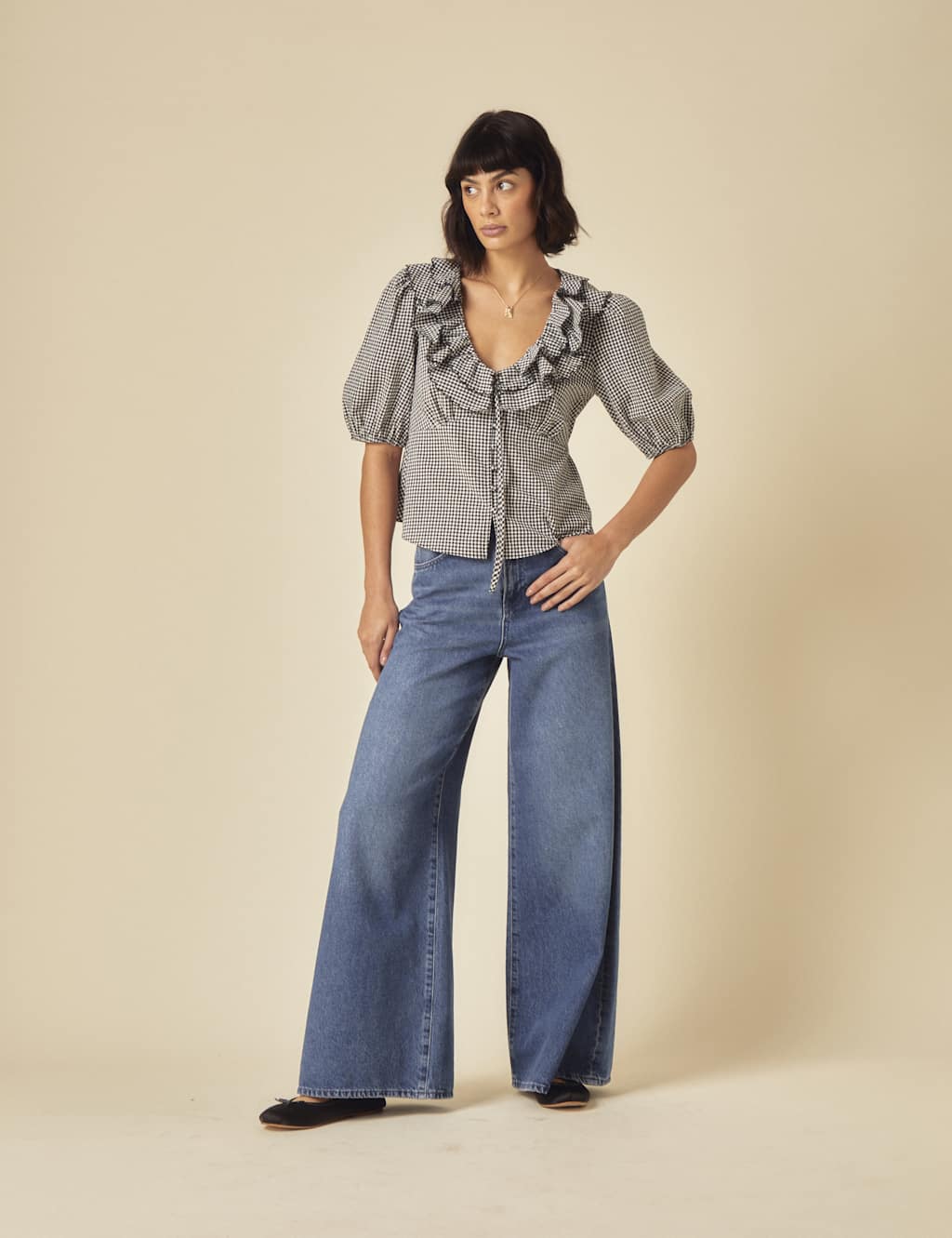 Pure Cotton Gingham V-Neck Ruffle Puff Sleeve Blouse 5 of 5