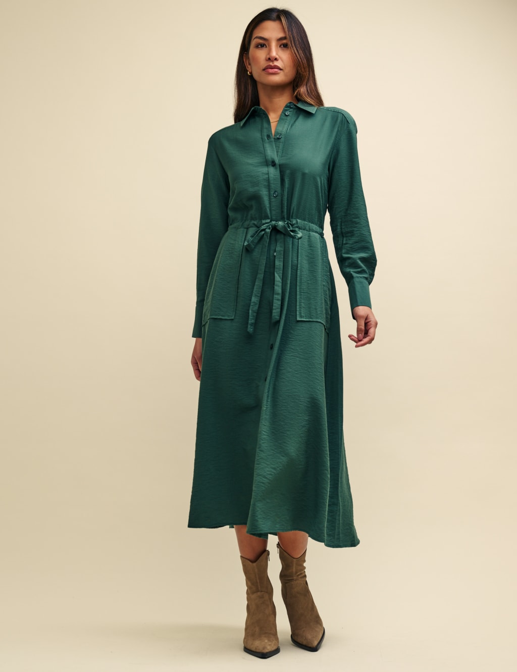 Satin Tie Waist Midi Shift Dress 1 of 6