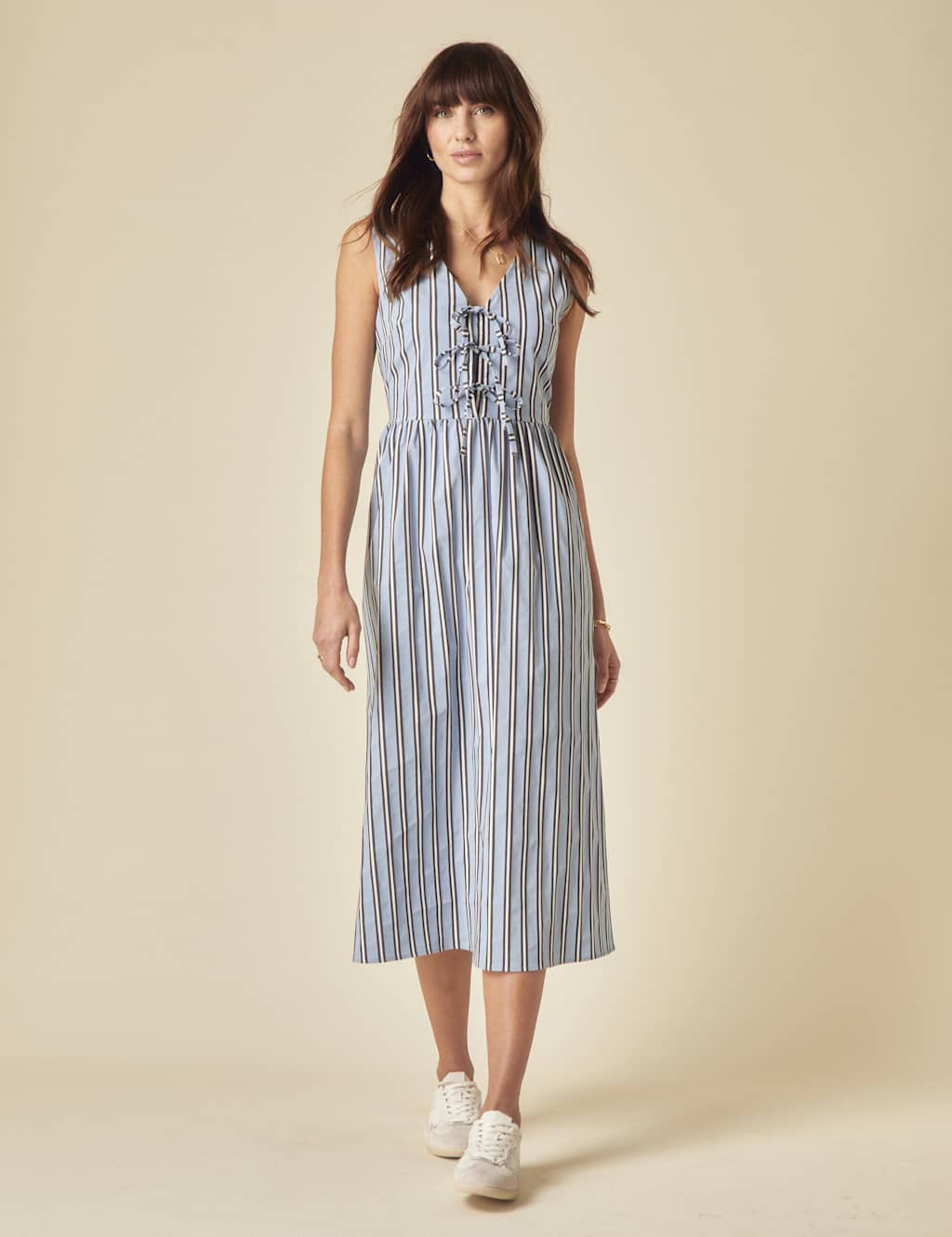 Pure Cotton Striped V-Neck Midi Tea Dress 1 of 5