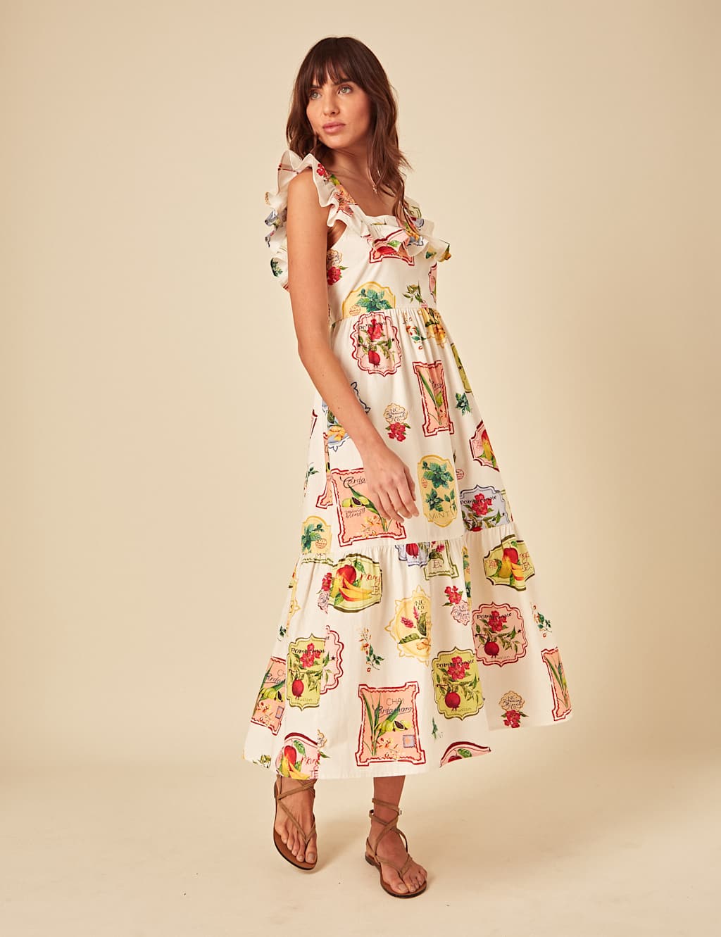 Pure Cotton Fruit Tea Print Midi Tiered Dress 3 of 4