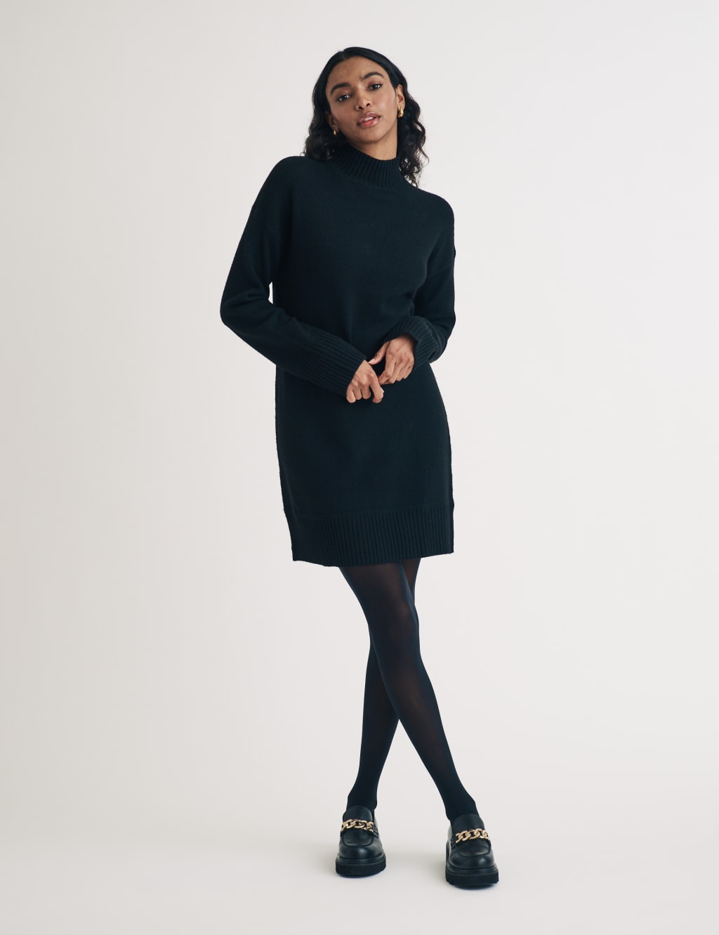 Cotton Rich Knitted Roll Neck Mini Jumper Dress
