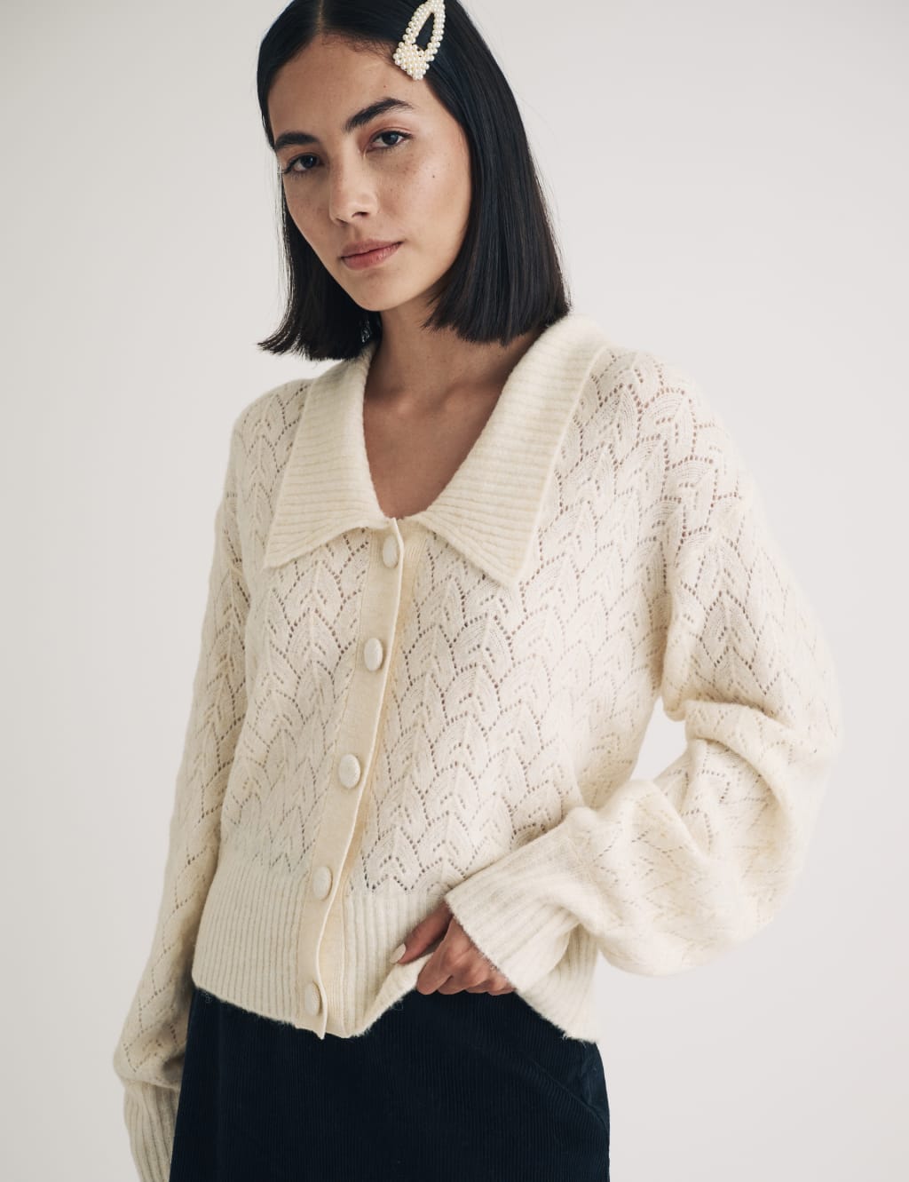Pointelle Collared Cardigan with Wool