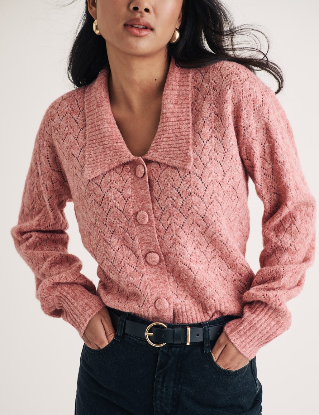 Pointelle Collared Button Front Cardigan