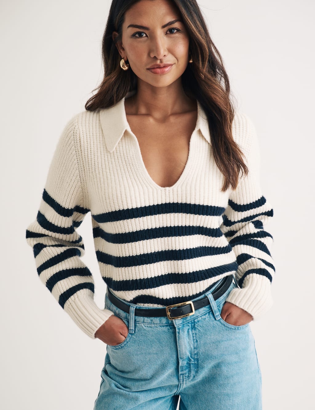 Striped Collared Open Neck Relaxed Jumper