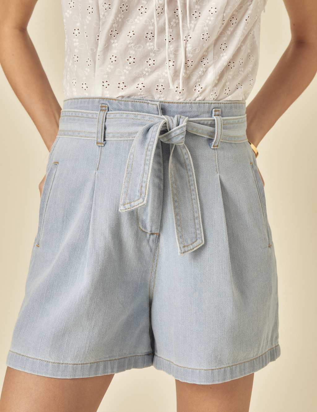 Pure Cotton Denim High Waisted Paper Bag Shorts 2 of 5
