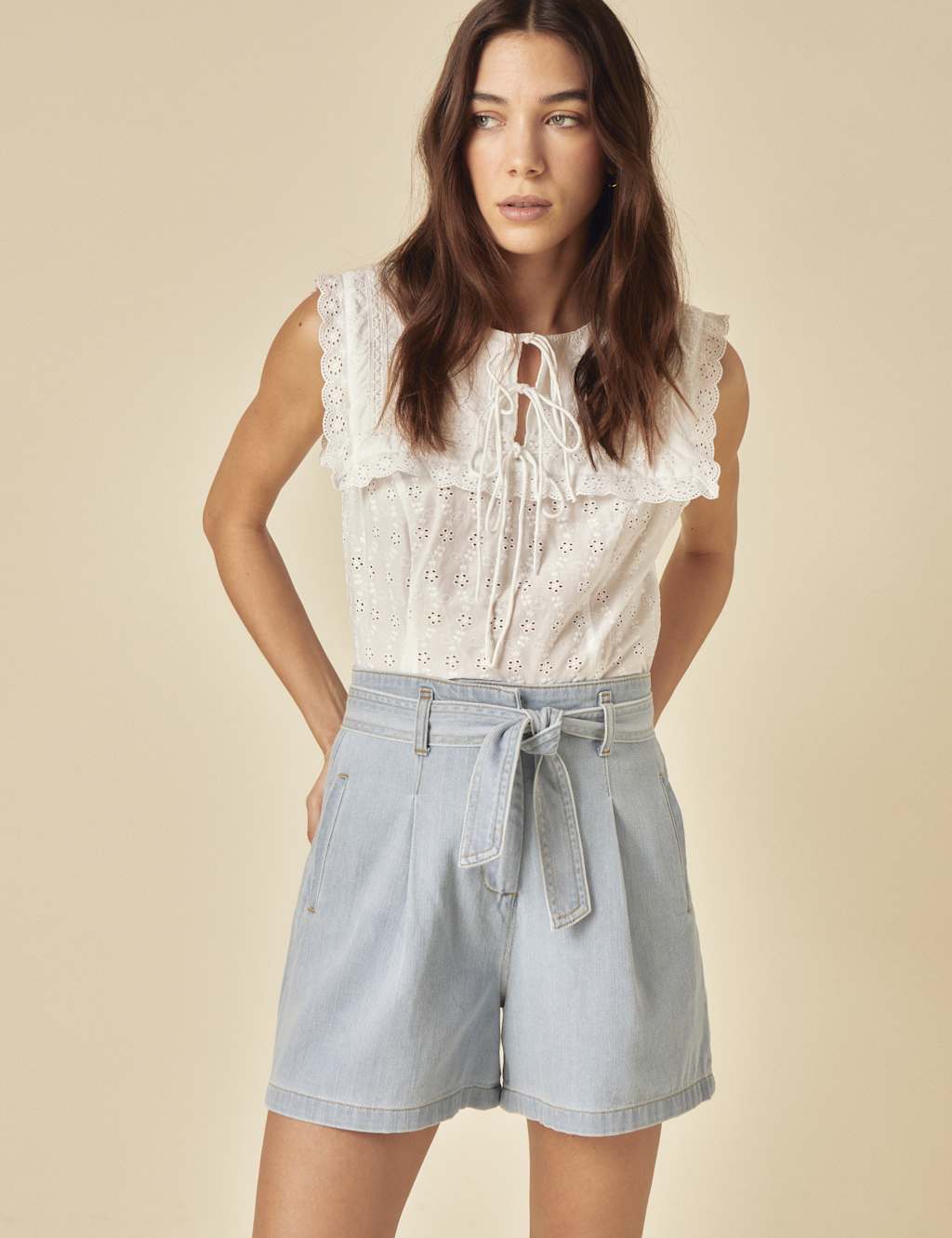 Pure Cotton Denim High Waisted Paper Bag Shorts 4 of 5