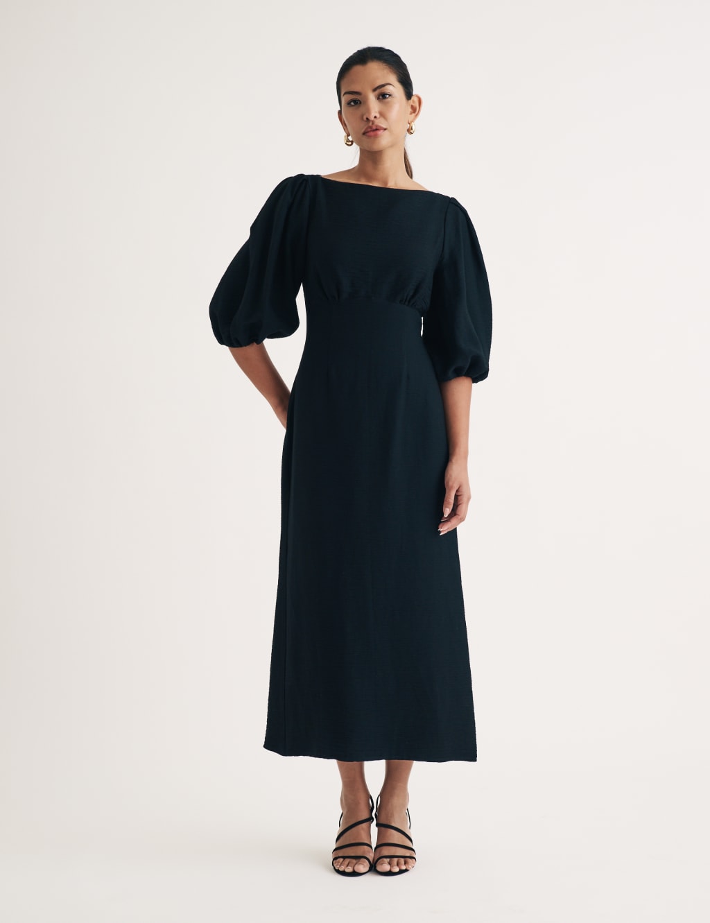 Puff Sleeve Midaxi Waisted Dress with Linen