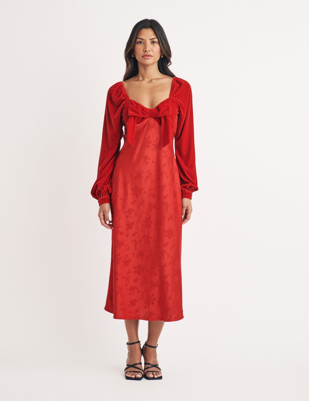 Velvet Floral Jacquard Sweetheart Neckline Midi Slip Dress
