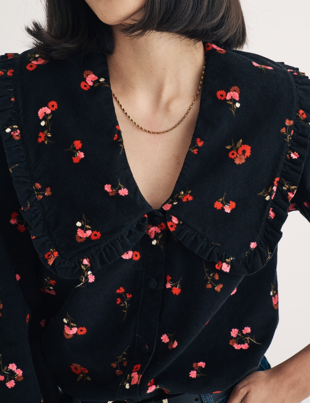 Cord Floral Collared Button Front Blouse Nobody s Child M S