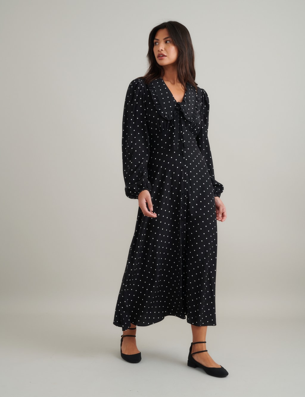 Polka Dot Blouson Sleeve Midi Tea Dress 5 of 5
