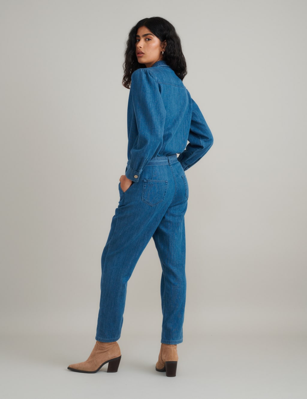 Denim Tie Detail Long Sleeve Jumpsuit 2 of 5